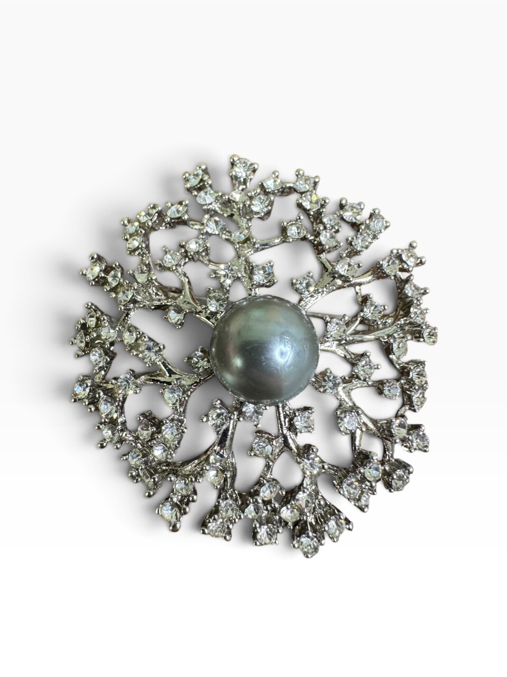 Silver-Tone Pearl & Clear Crystal Snowburst Brooch